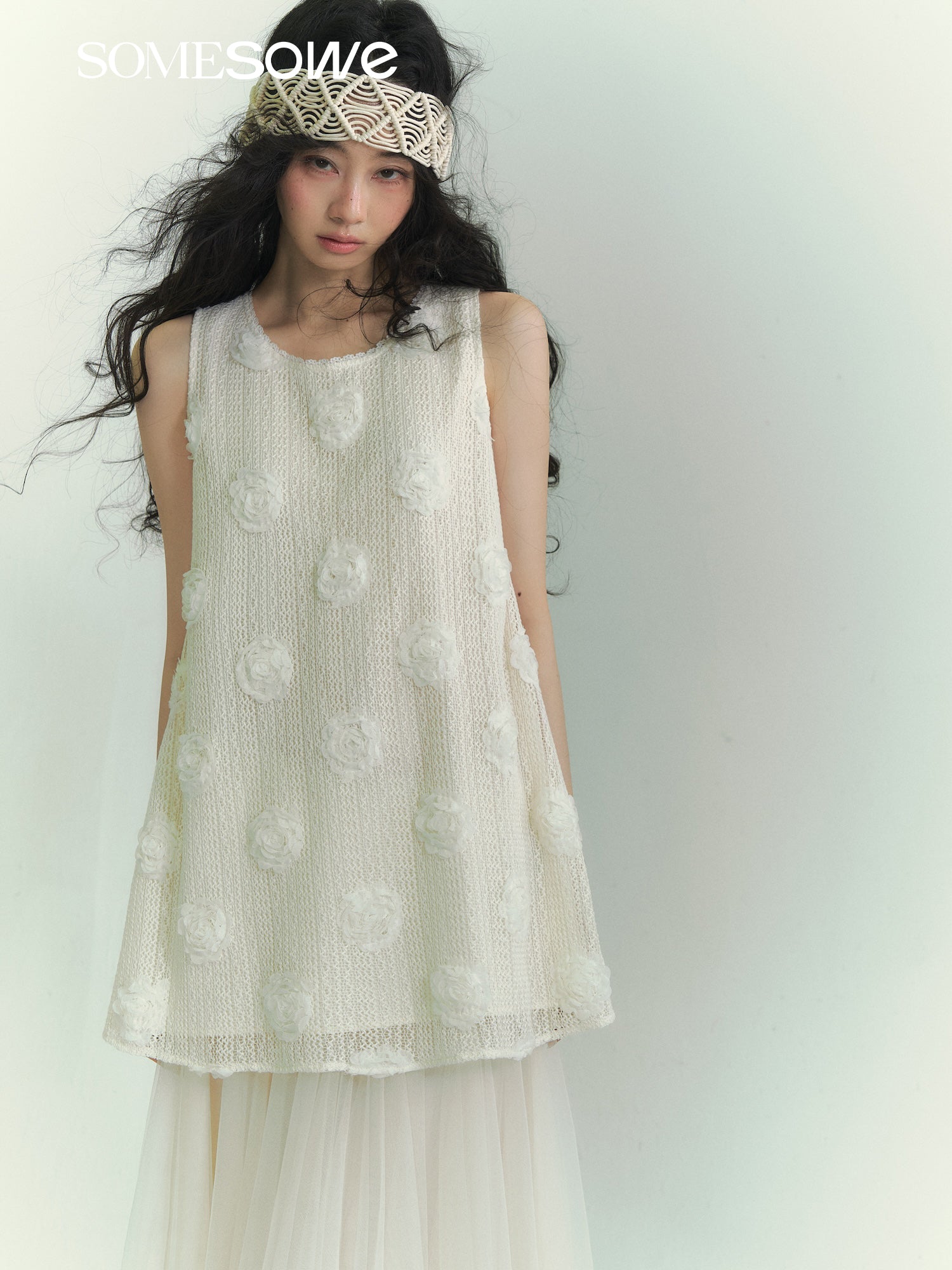 SOMESOWE S2609047 3D floral lace up vest dress