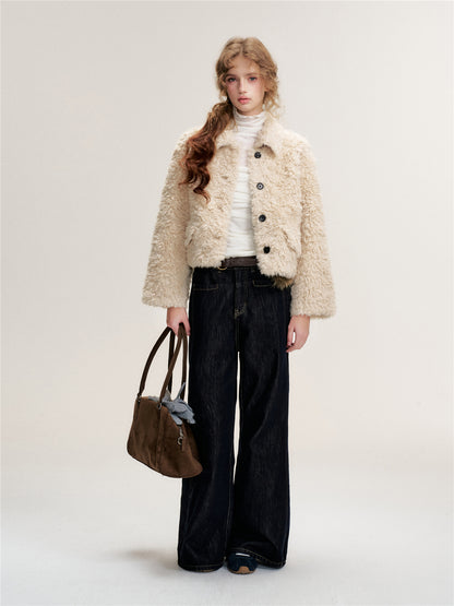 16DEWS 16D25489 Lamb fur one-piece single breasted short jacket