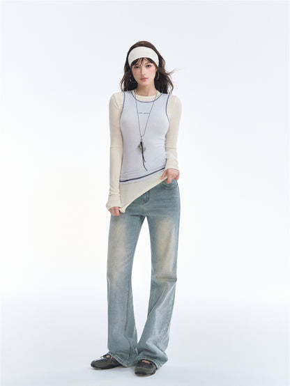 Asgony ASG26548 Wool Modal Contrast-Trim Two-Piece Base T-Shirt