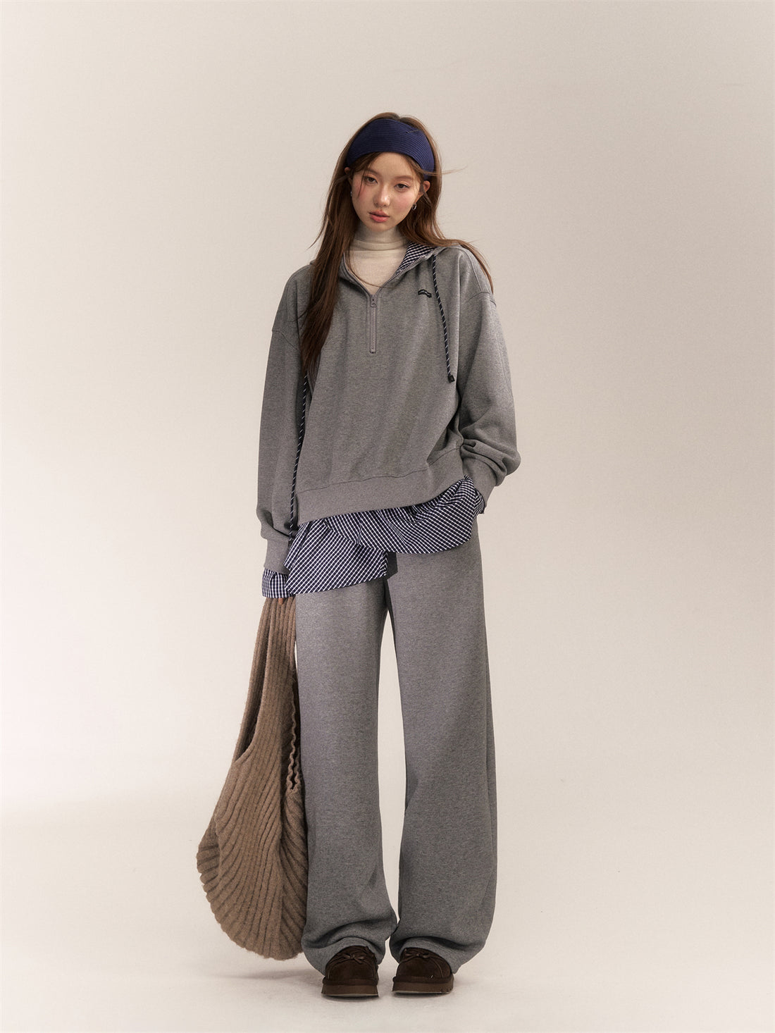 AsGony ASG24641 & ASG2642 Splicing plaid hoodie + loose pants set