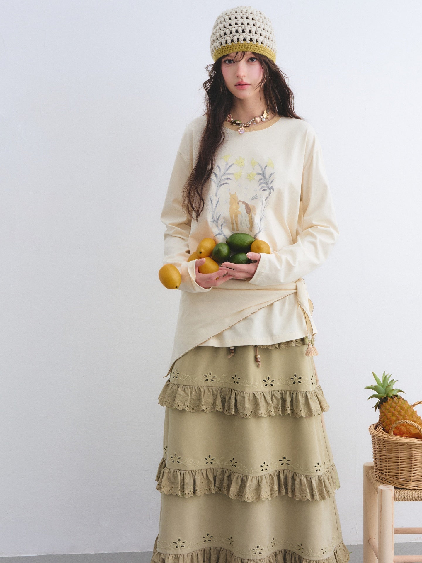 AsGony ASG26025 Triangle shawl pony print T-shirt two-piece set