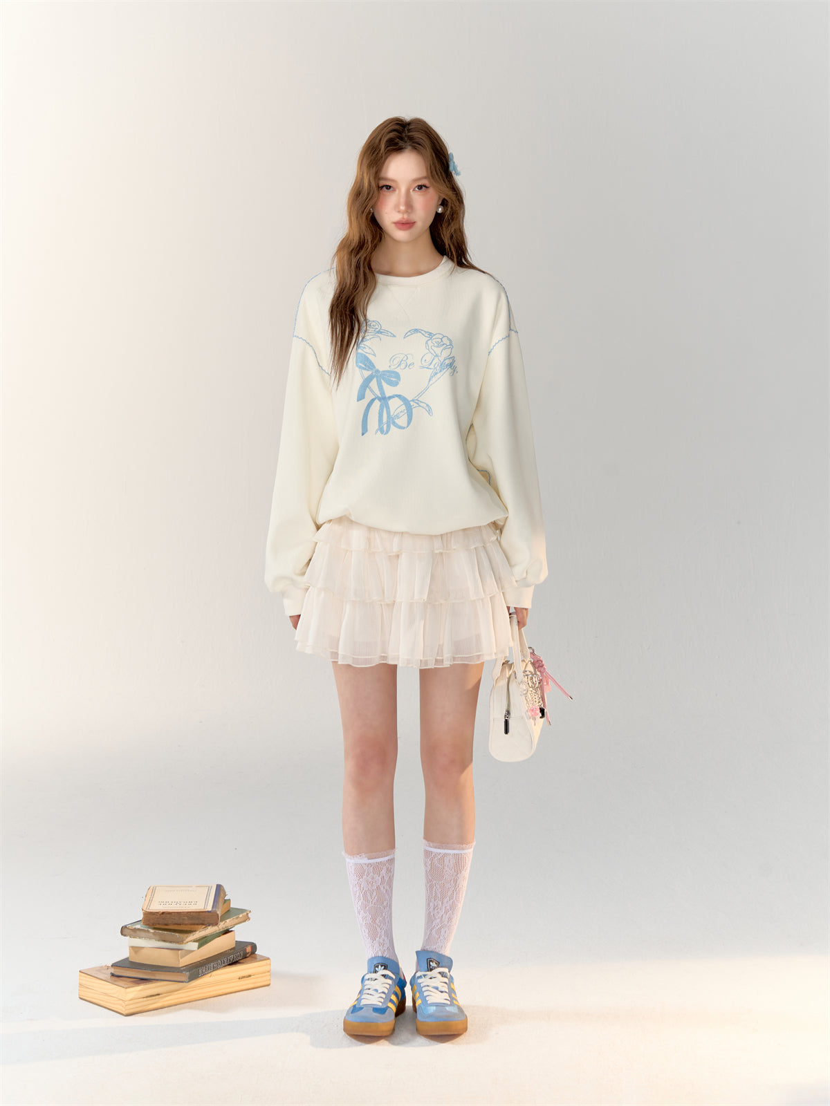 AsGony ASG24712&amp;ASG24713 Blue printed embroidered hoodie + skirt