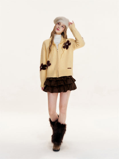 16DEWS 16D25433 Flower jacquard zipper cardigan