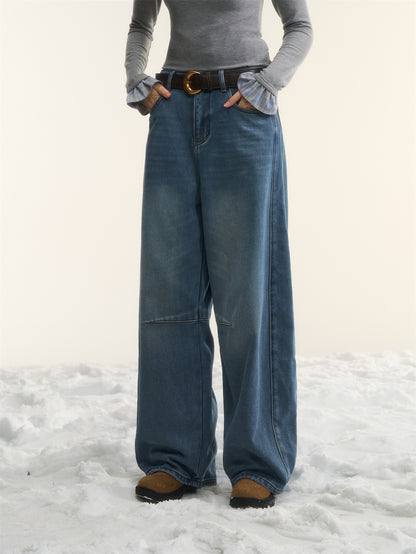 AsGony ASG25570 Plush versatile curved knife washed denim jeans