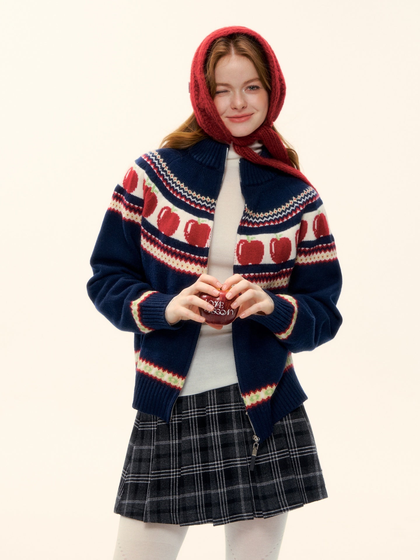 AsGony ASG25626 Wool Fel Island Jacquard Zipper Knitted Sweater Jacket