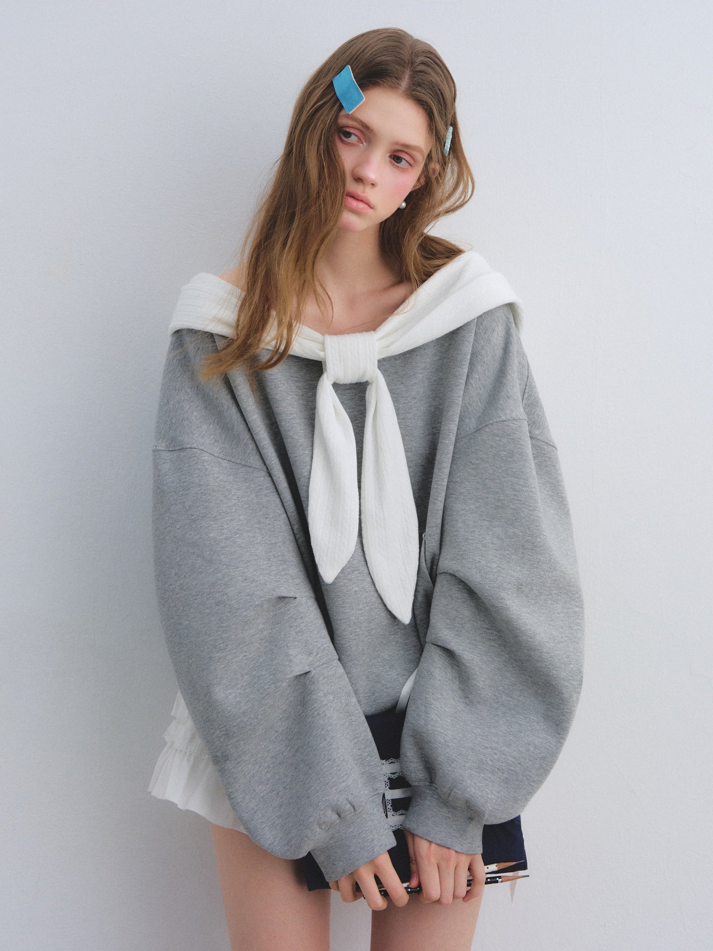 AsGony ASG25643 Rabbit ear one shoulder hooded sweatshirt