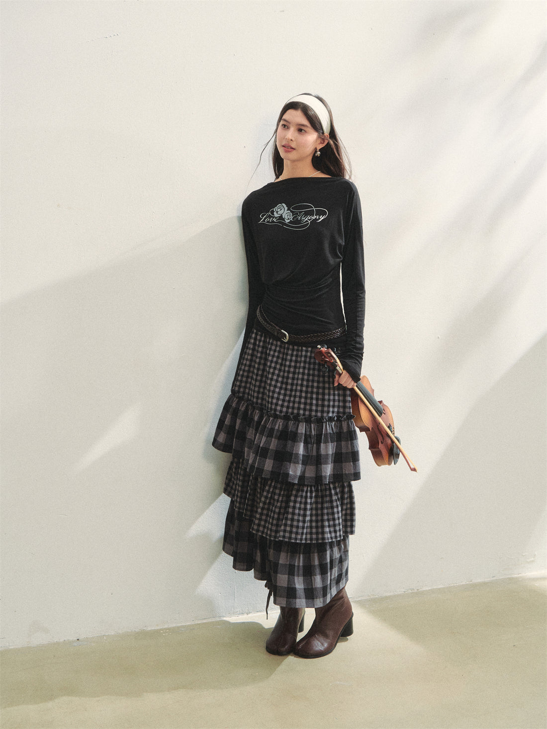 AsGony ASG25288 Plaid patchwork lace waist multi-layer long skirt