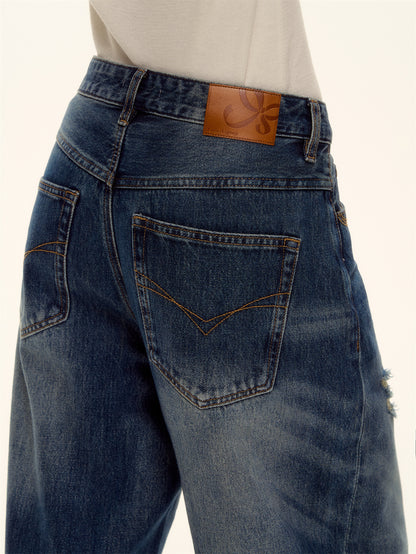 AsGony ASG25513 Ripped water washed curved knife jeans