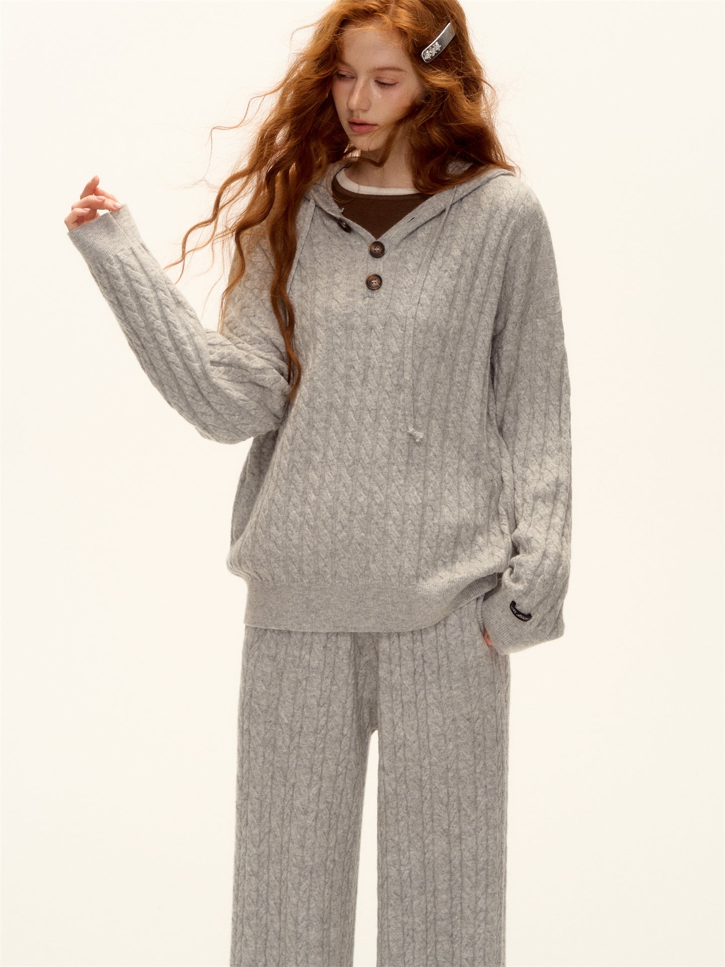 AsGony ASG25490&amp;ASG25521 Wool pullover hooded button twisted knit sweater + pants