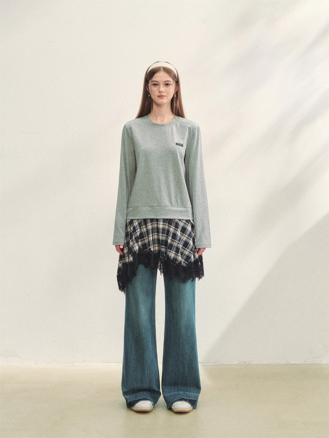 AsGony ASG25314 Plaid lace patchwork long sleeved knitted dress