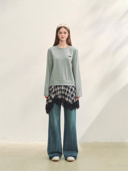 AsGony ASG25314 Plaid lace patchwork long sleeved knitted dress