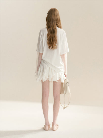 16DEWS 16D26042 Lace patchwork fake two piece long sleeved T-shirt