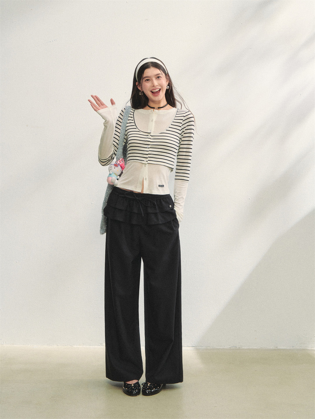 AsGony ASG25275 Double layered ruffle edge tied casual pants