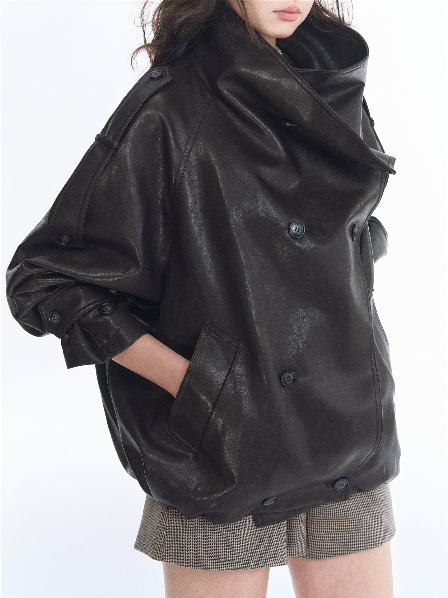 Asgony ASG26542 Oversized Collar Double-Breasted Leather Jacket
