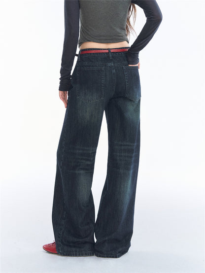 Asgony ASG26551 Low-Rise Straight-Leg Jeans with Red Belt