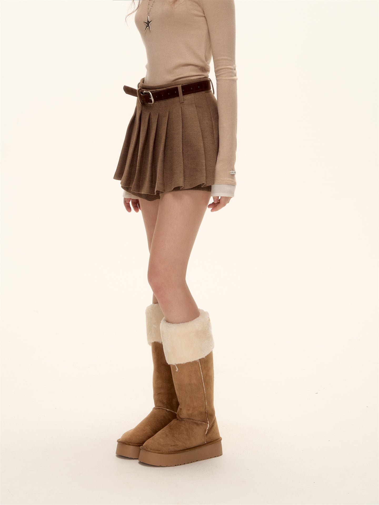 AsGony ASG25506 A-line pleated skirt with waistband decoration