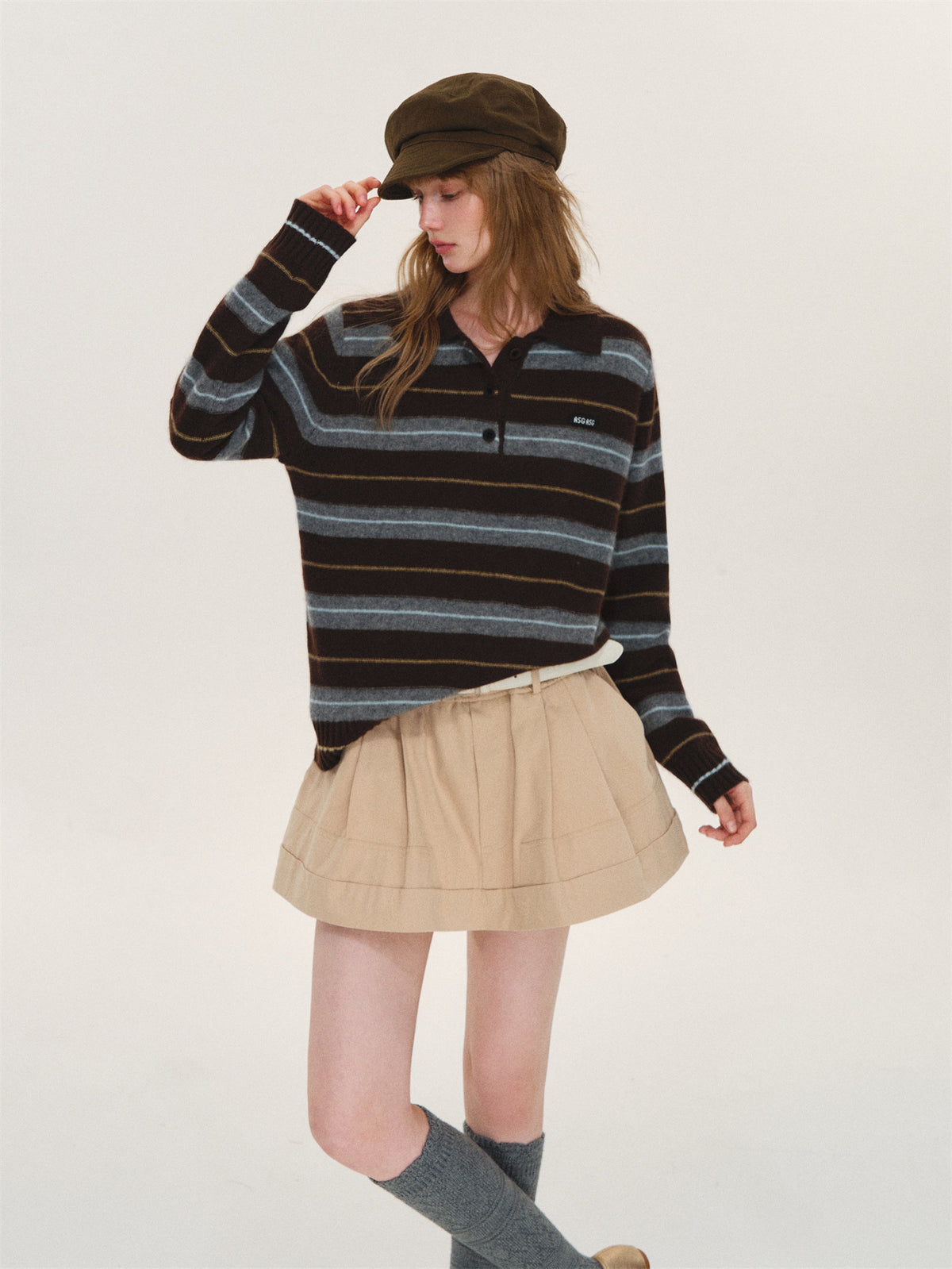 Asgony ASG26597 Striped Collared Knit Polo Shirt
