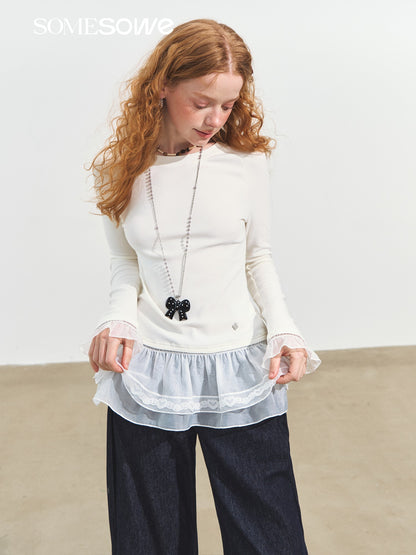 SOMESOWE S2508236 Double layered lace raglan warm velvet top