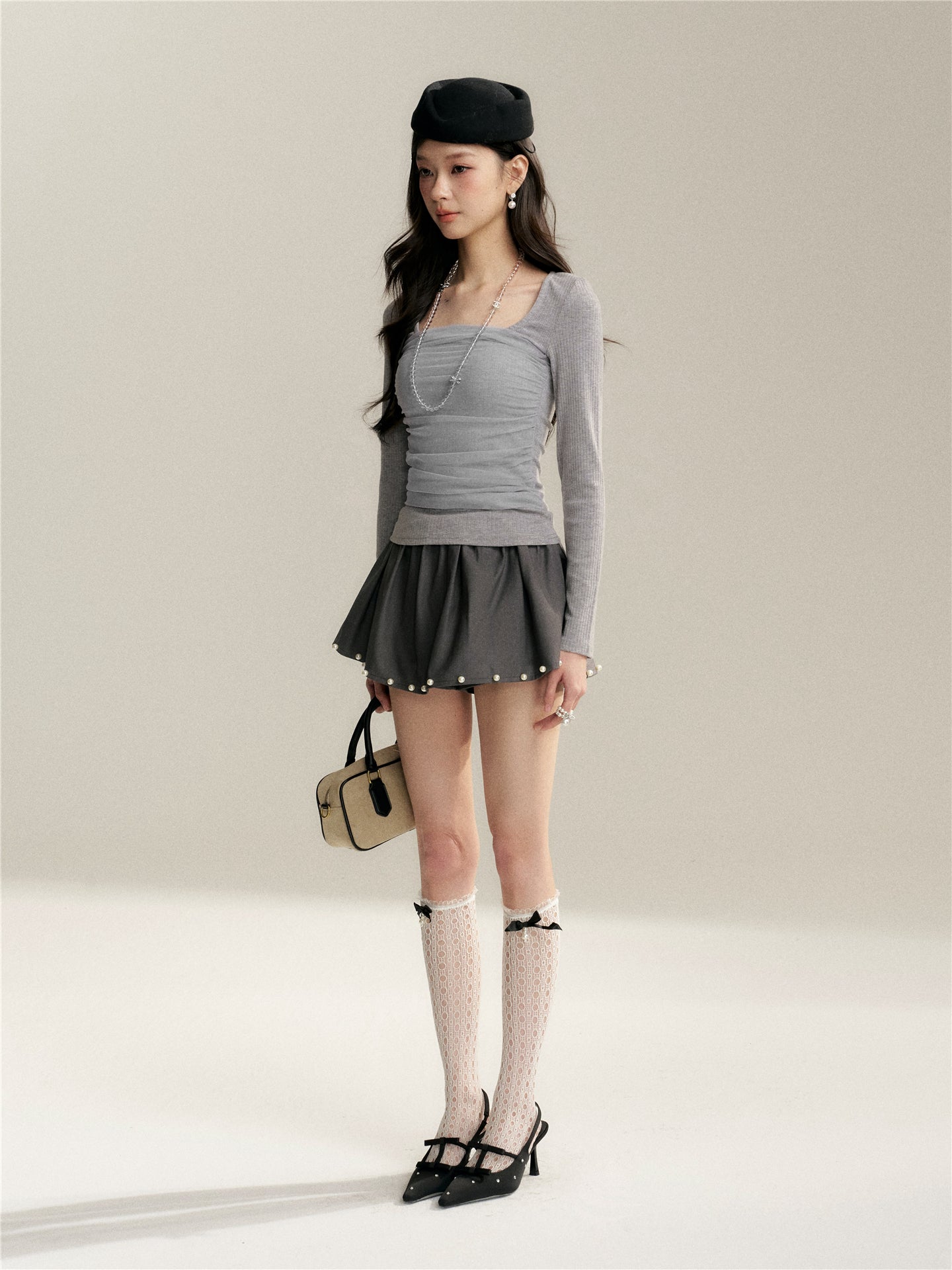 16DEWS 16D26050 Mesh splicing square collar design slim fit top