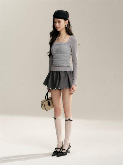 16DEWS 16D26050 Mesh splicing square collar design slim fit top