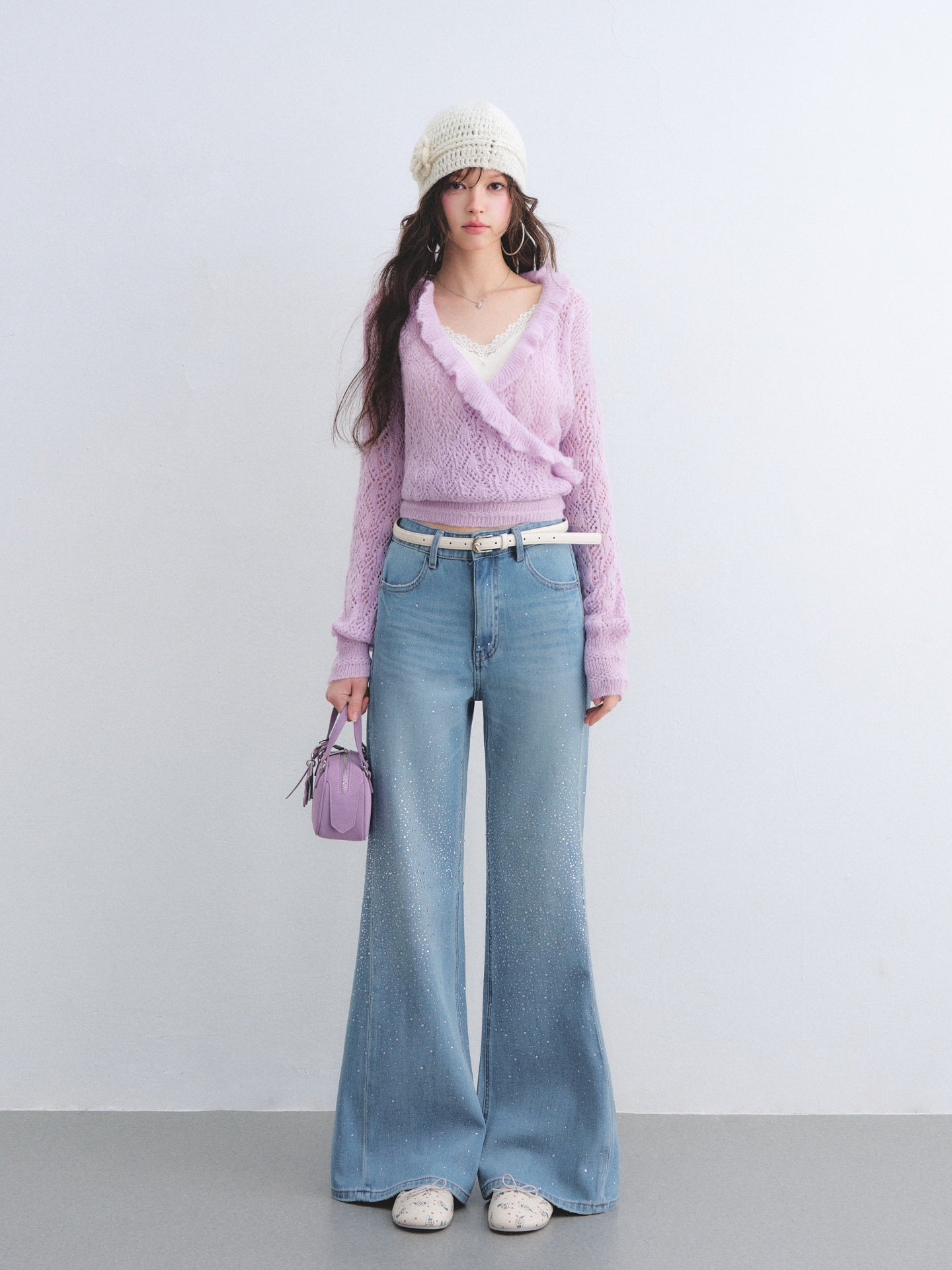 AsGony ASG26041 Washed rhinestone decorated micro flared jeans