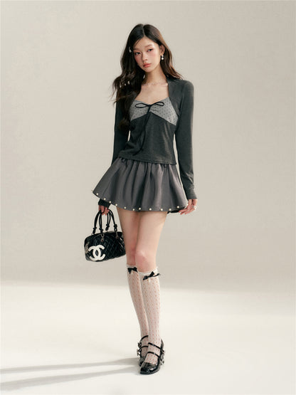 16DEWS 16D26045&amp;16D26046 Stripe contrasting fake two V-neck slim fit top + skirt set