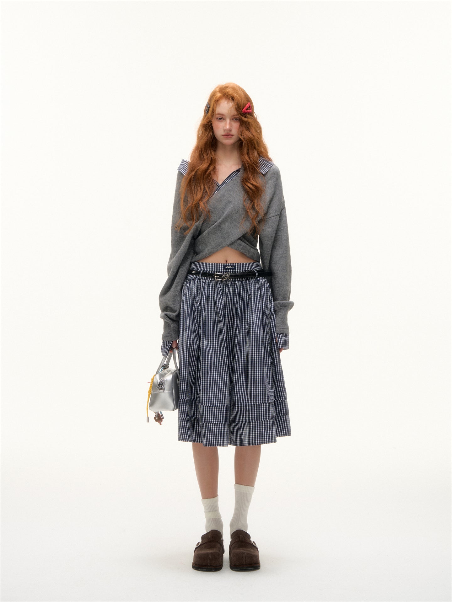 AsGony ASG25413 Plaid pleated midi skirt