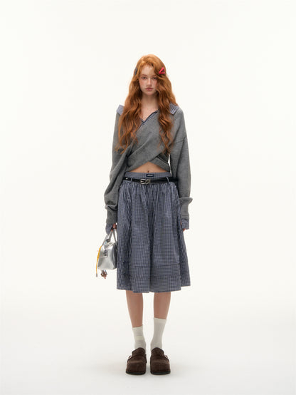 AsGony ASG25413 Plaid pleated midi skirt