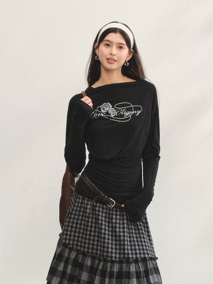 AsGony ASG25286&amp;ASG25287 Printed slim fit pleated long sleeved T-shirt + pants