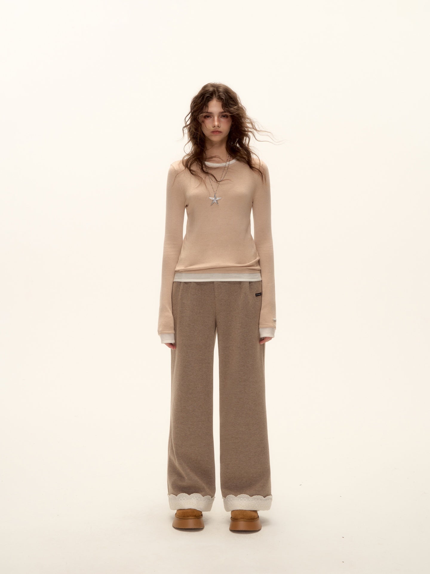 AsGony ASG25465 Fake two wool and cashmere spliced round neck base T-shirt