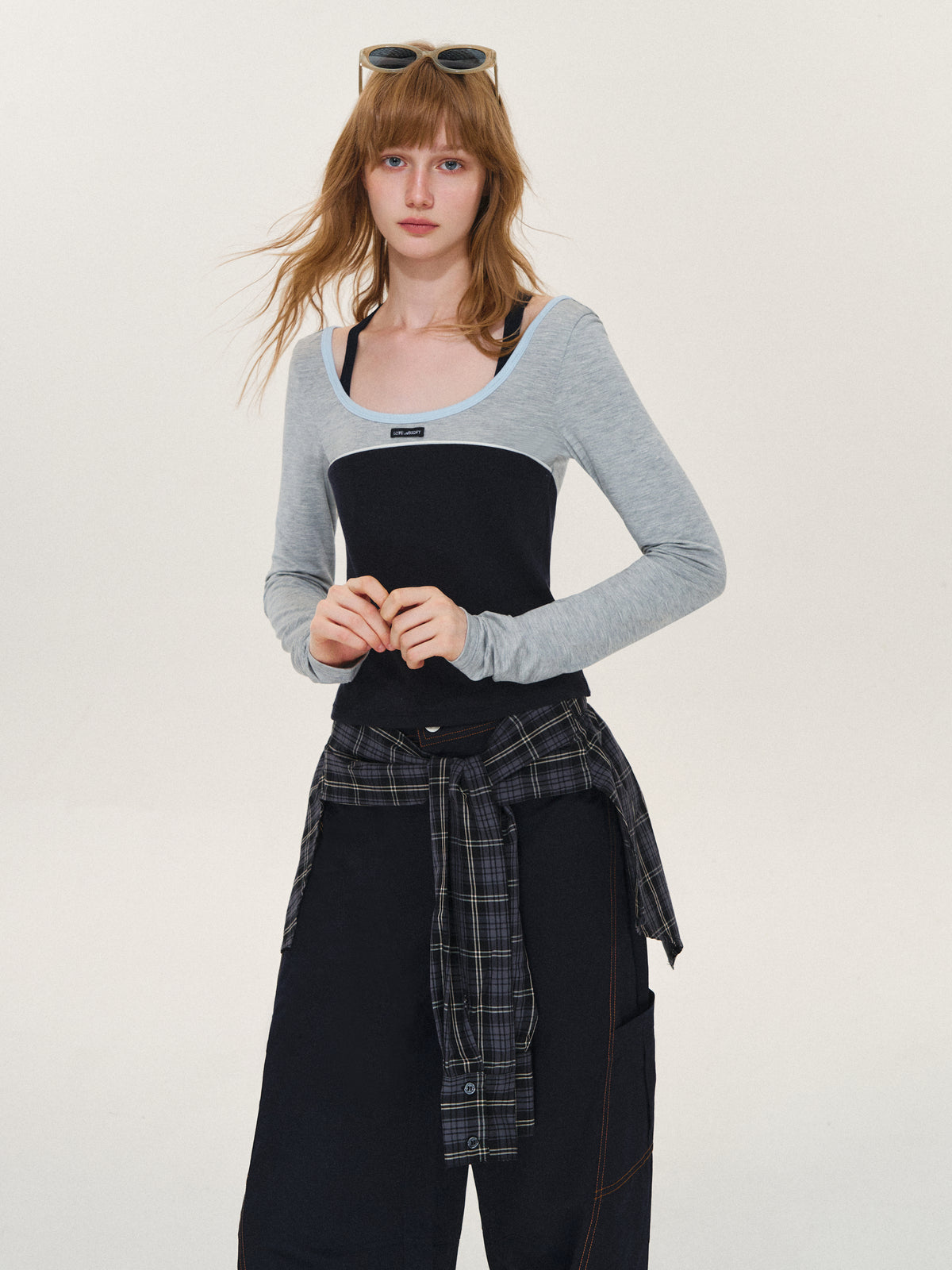 Asgony ASG26614 Ballet-Core U-Neck Faux Layered Top