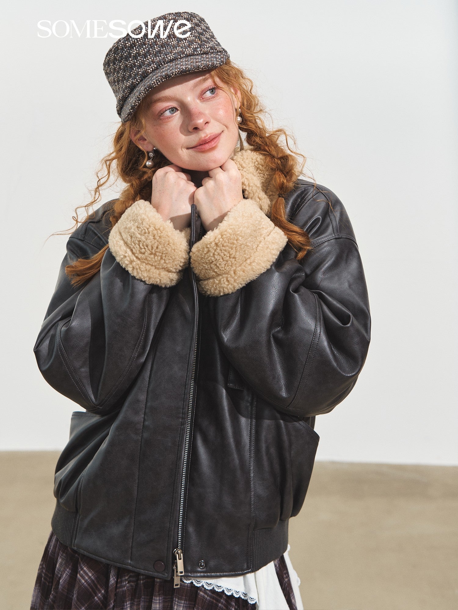 SOMESOWE S2508232 Shearling Motorcycle Jacket with Lapel