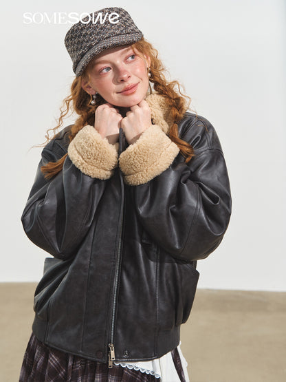 SOMESOWE S2508232 Shearling Motorcycle Jacket with Lapel