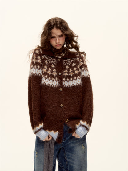 AsGony ASG25496 Wool Jacquard Fel Island Collar Button Knitted Cardigan