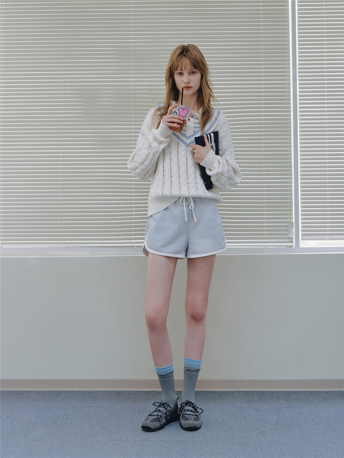 Asgony ASG26546 Cotton V-Neck Openwork Cable Knit Sweater