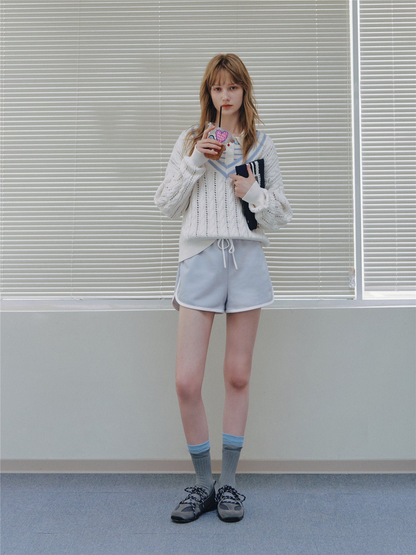 Asgony ASG26546 Cotton V-Neck Openwork Cable Knit Sweater