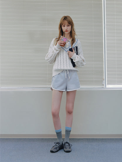 Asgony ASG26546 Cotton V-Neck Openwork Cable Knit Sweater