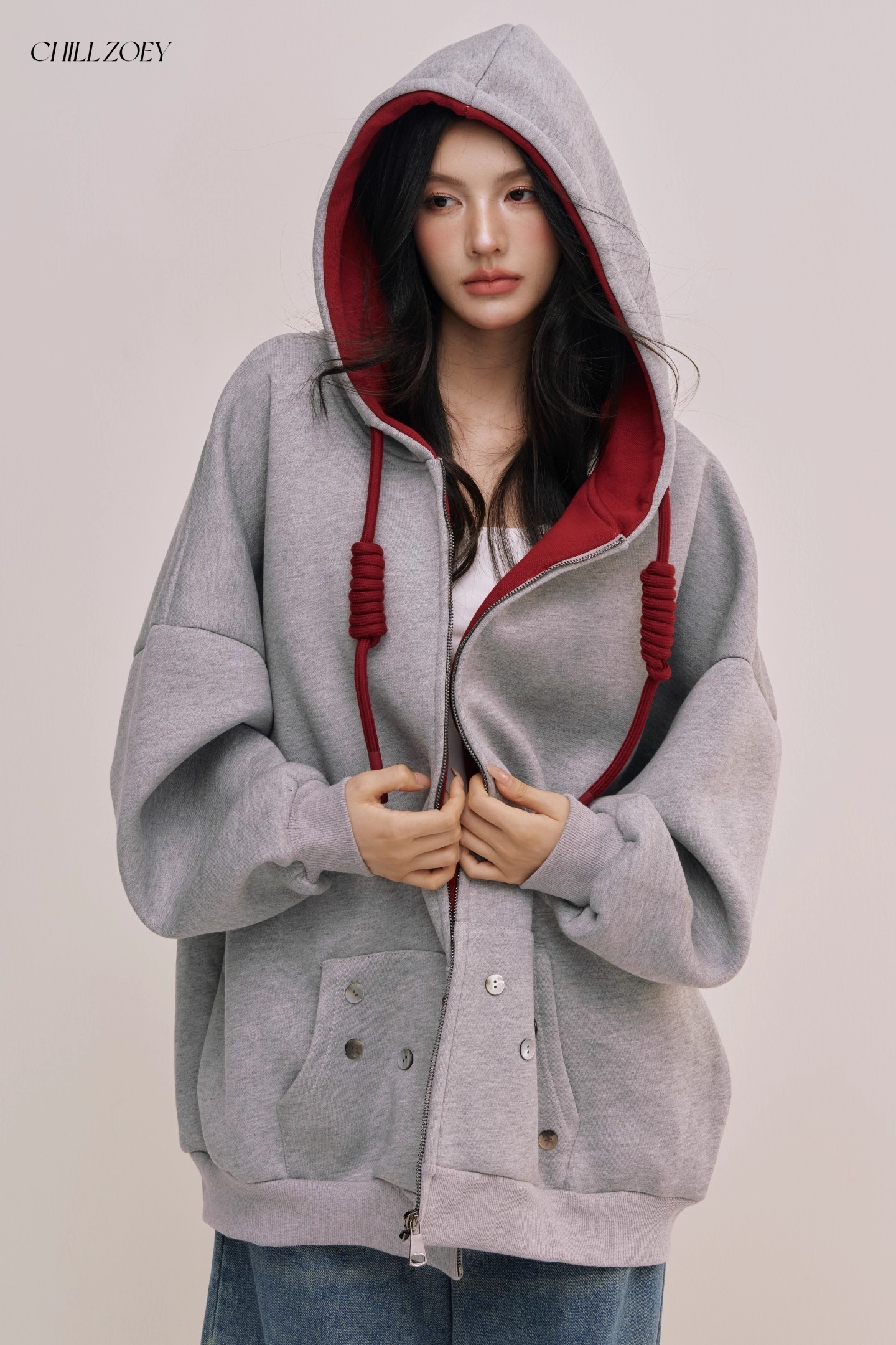Chill Zoey M690292 Oversized Color-Block Hoodie in Red and Gray