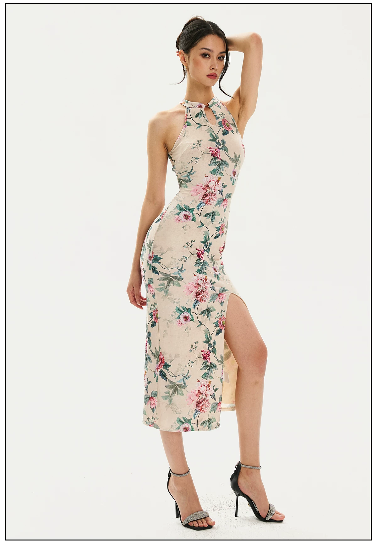FIND YA WINGS Floral Shadow Halter Midi Cheongsam