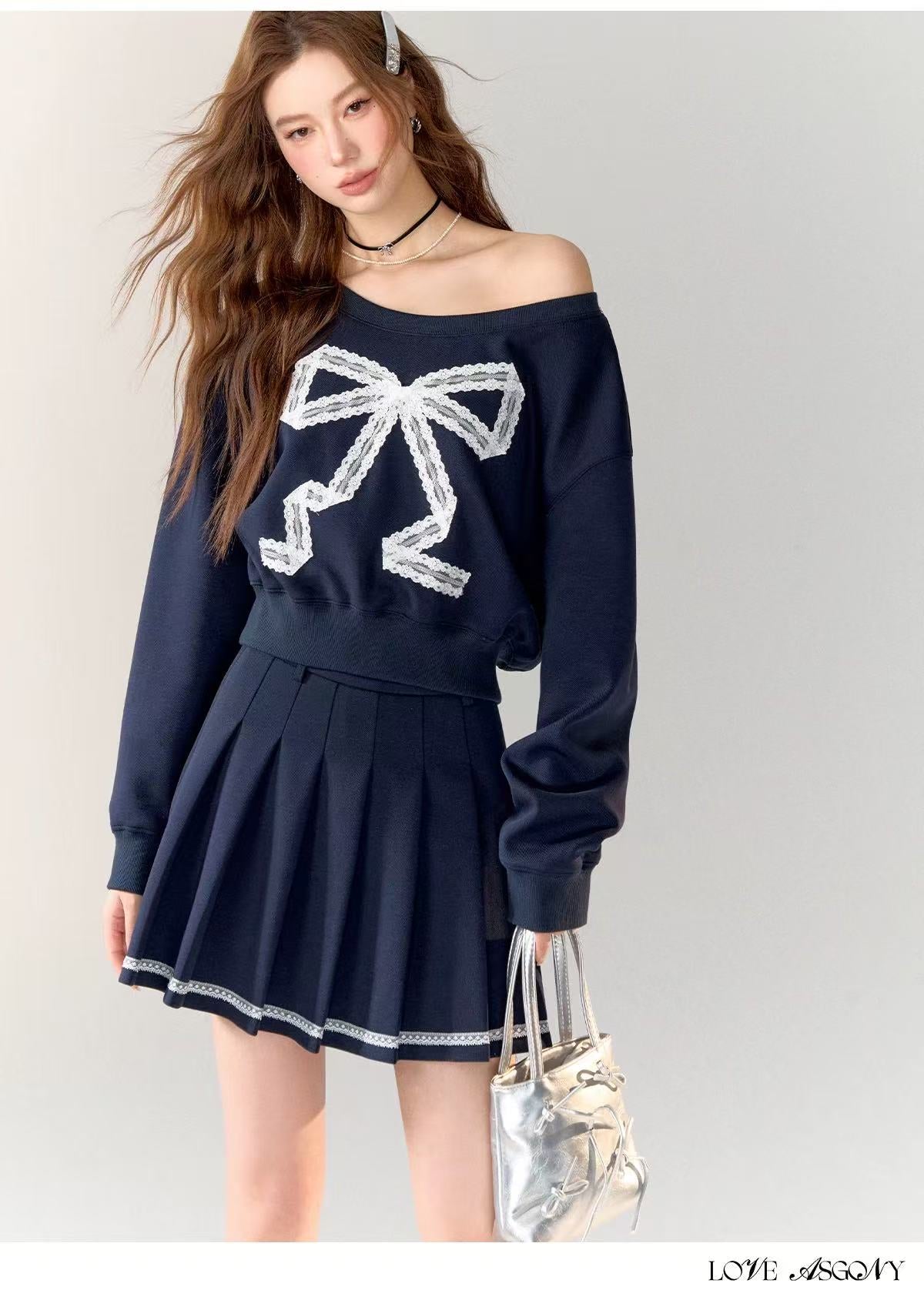 AsGony ASG24715 ASG24716 Preppy style slanted shoulder hoodie + skirt set