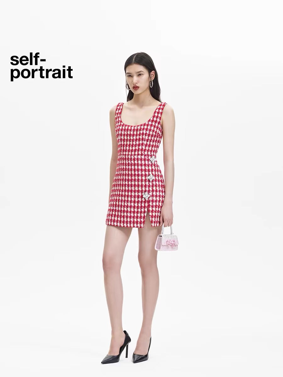 Self-Portrait Grid Boucle Mini Dress