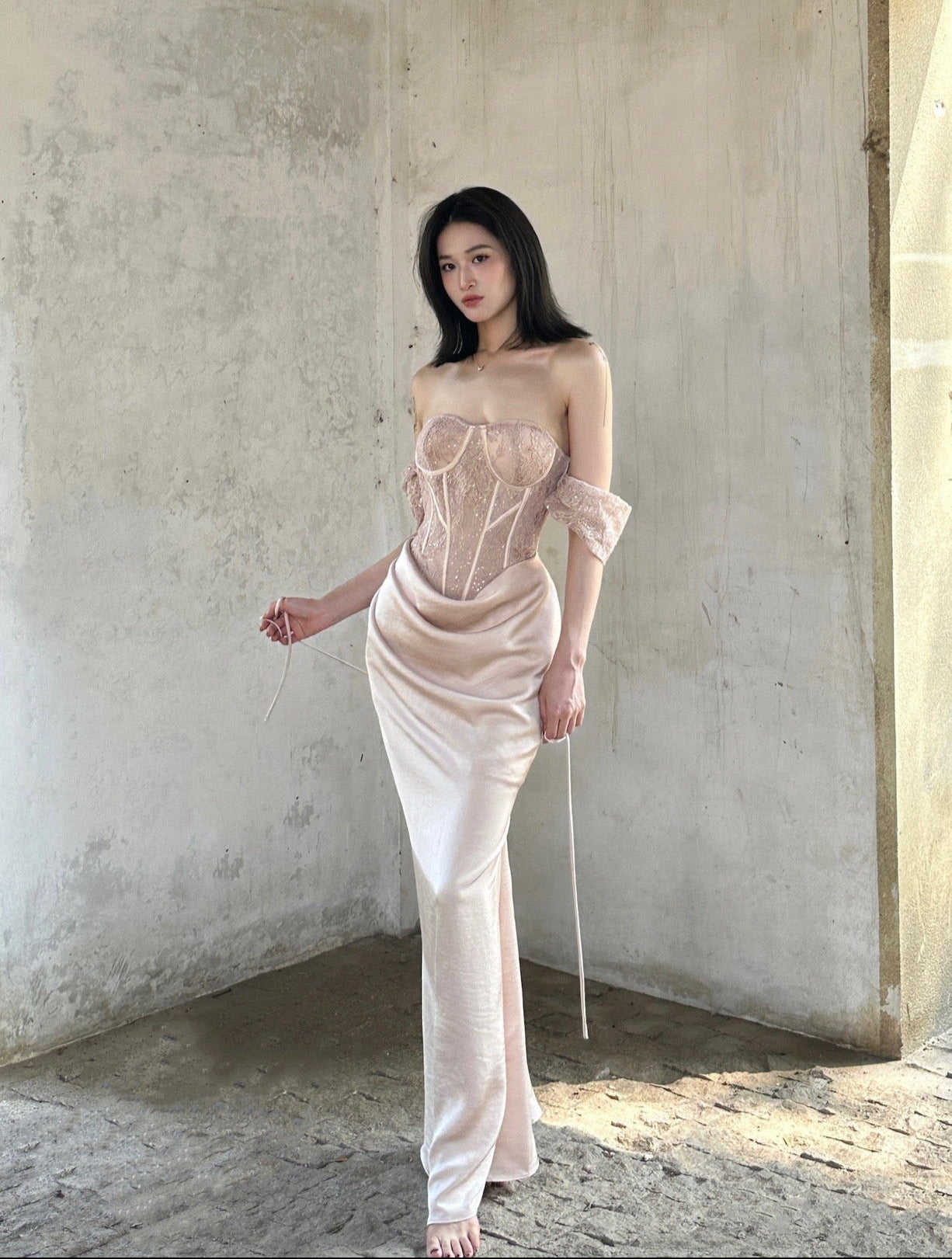 Crow Crew Monica Dress in champagne pink front view