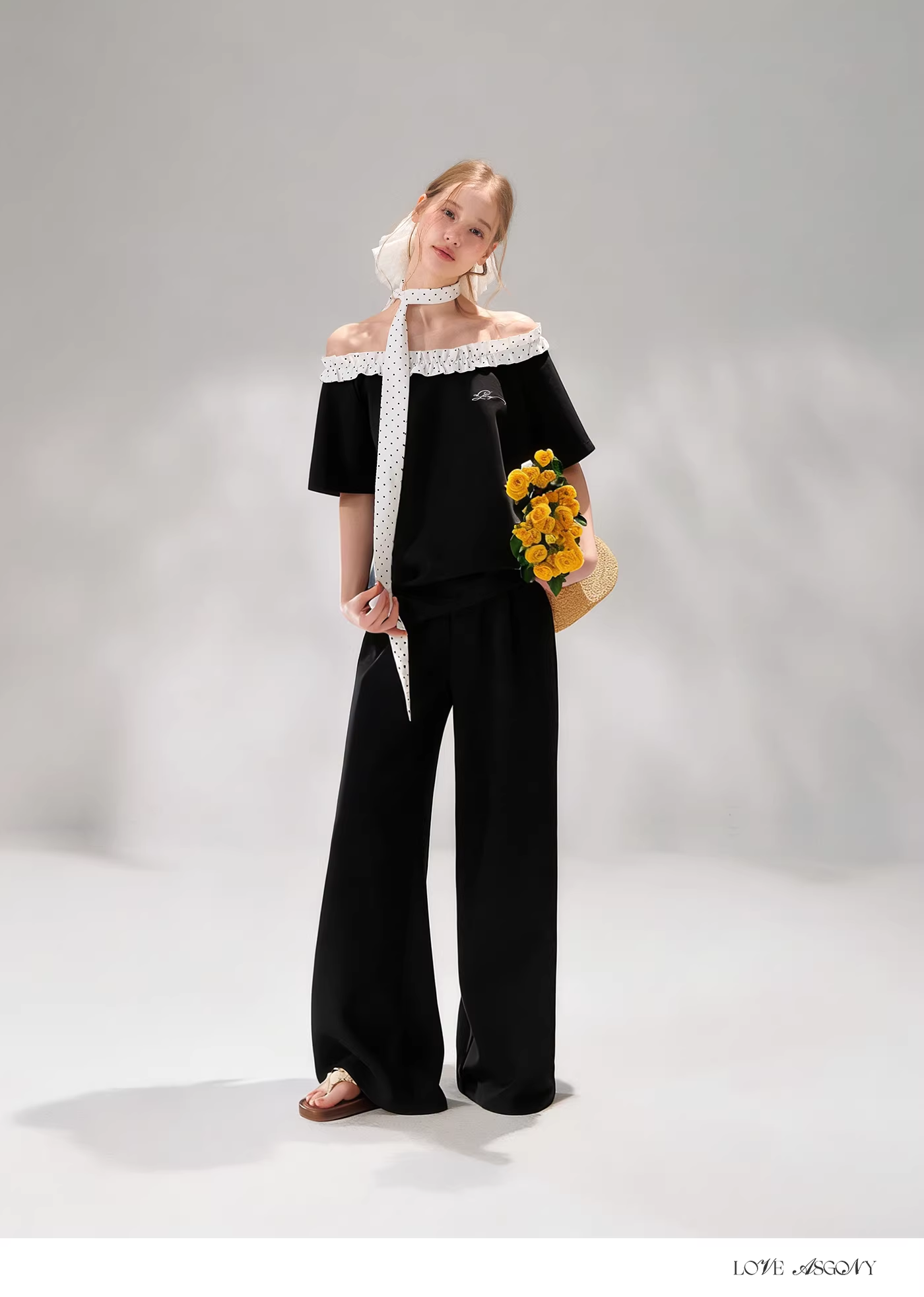 AsGony ASG26052&amp;ASG26053 Polka dot pleated T-shirt + pants set