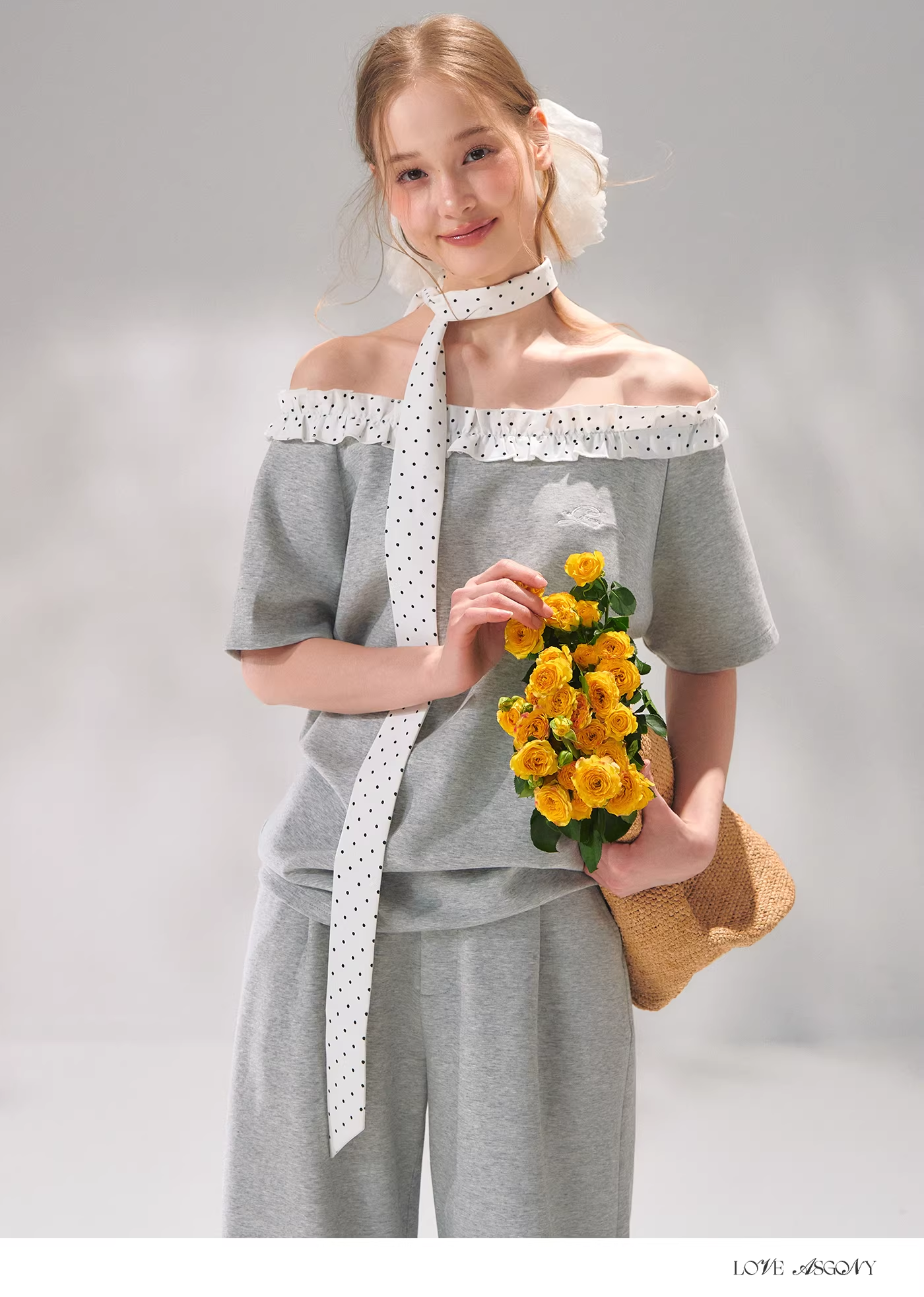 AsGony ASG26052&amp;ASG26053 Polka dot pleated T-shirt + pants set