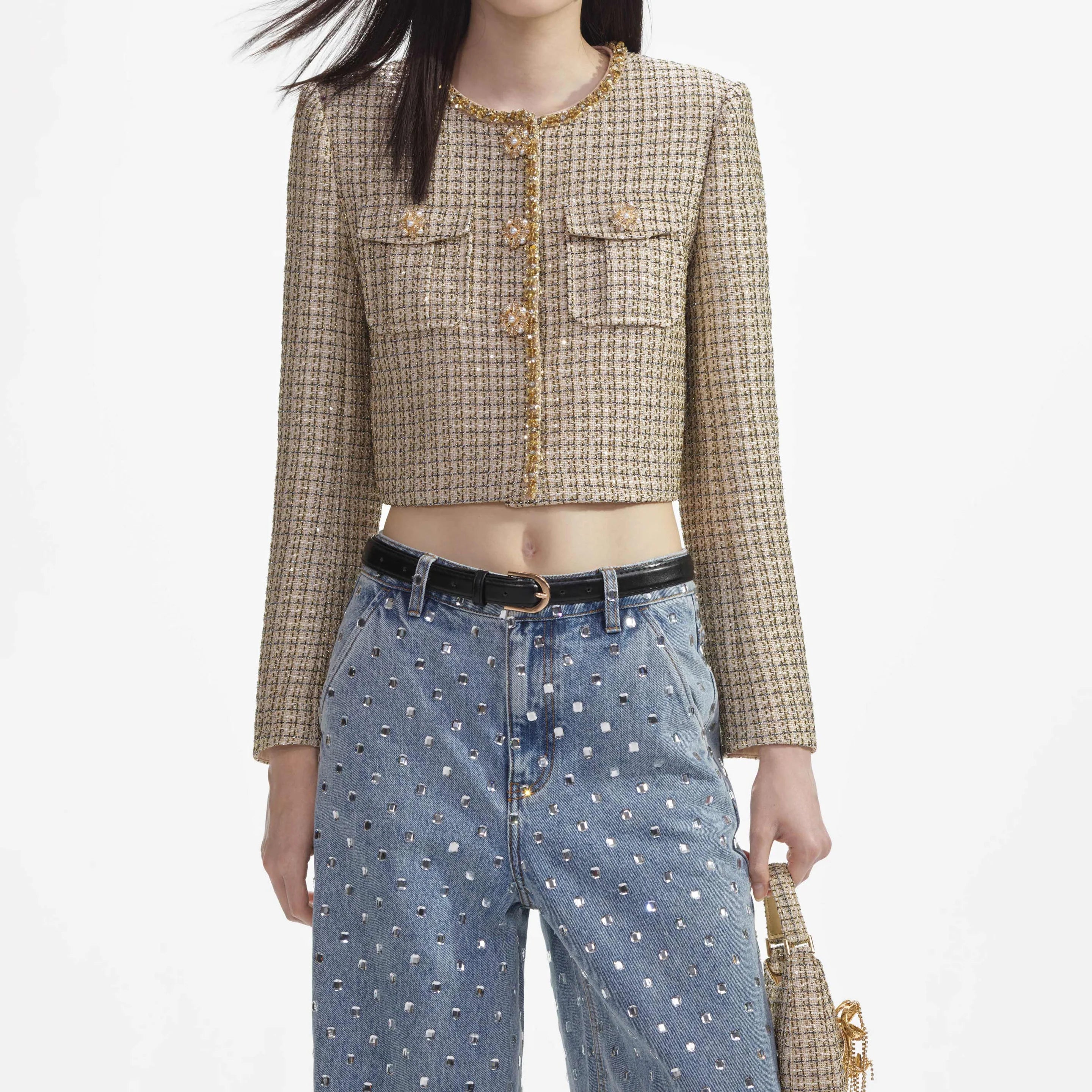 Self-Portrait GOLD BOUCLE CROPPED JACKET