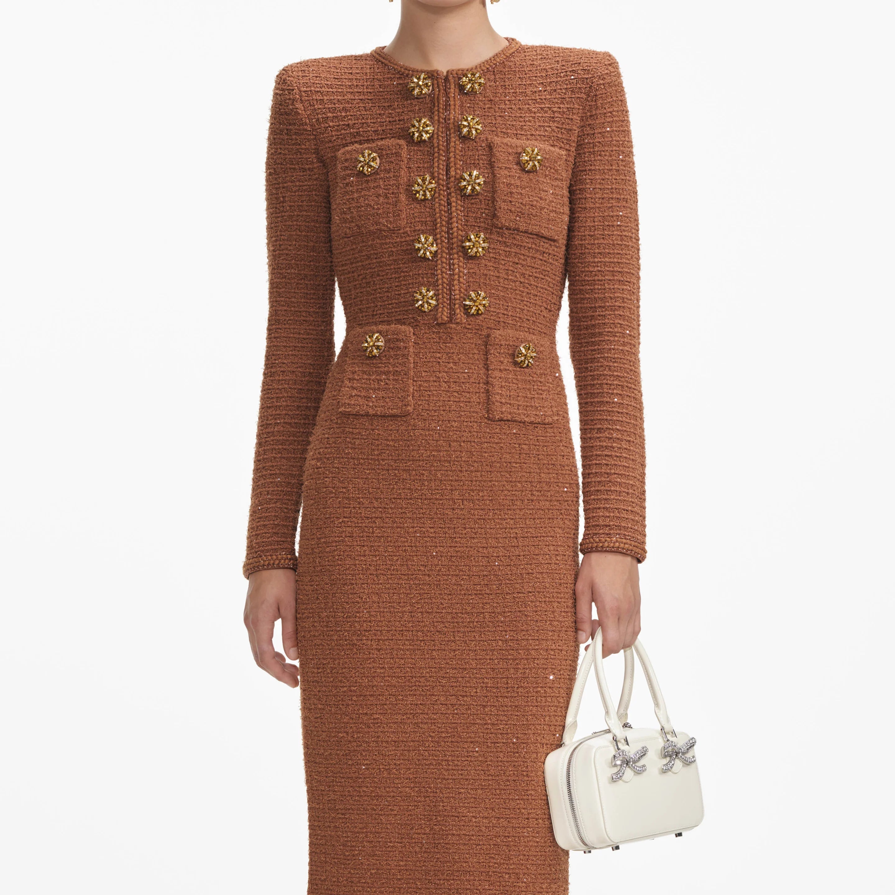 Self-Portrait Brown Textured Knit Midi Dress