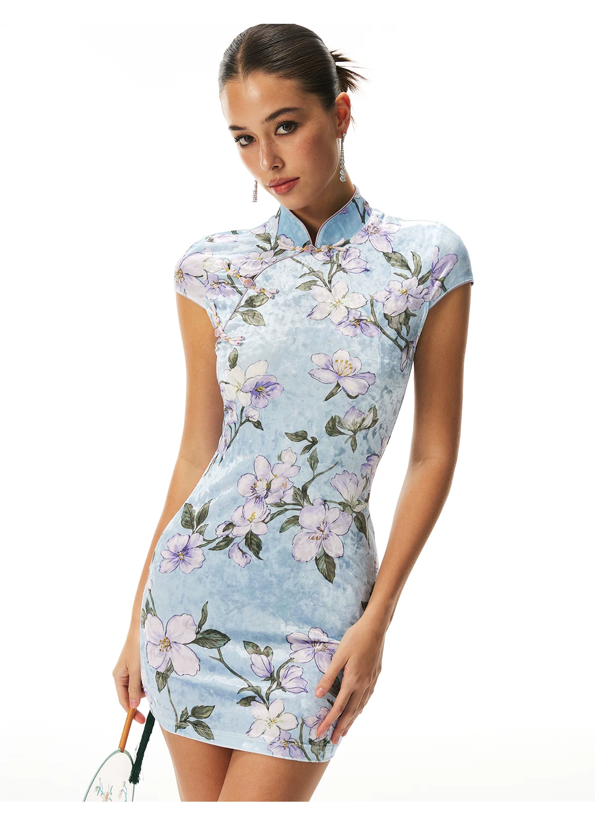 FIND YA WINGS Fresh Blue Velvet Mini Cheongsam