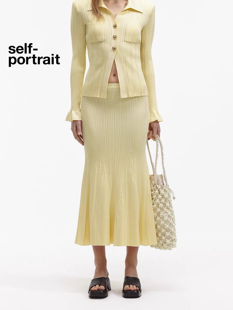 Self-Portrait YELLOW RIBBED VISCOSE KNIT DRESS