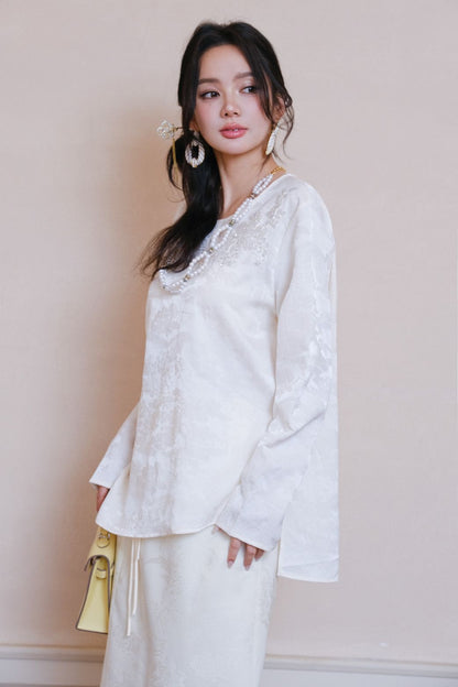 Aimme Sparrow 9125/9153 Neo-Chinese embroidered sequin shirt+knot button split skirt