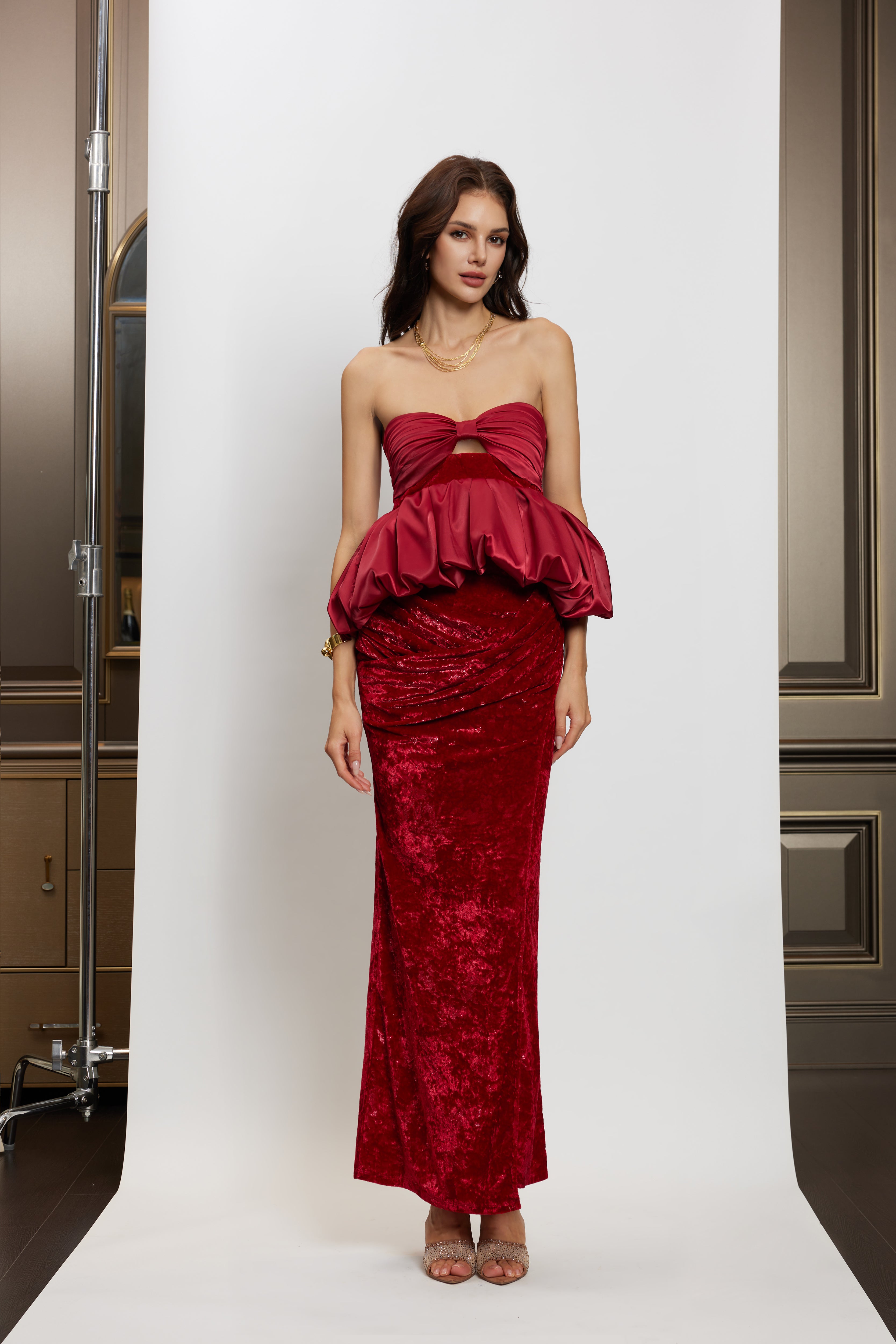 SheerLuck Nadine Velvet Dress Set-red